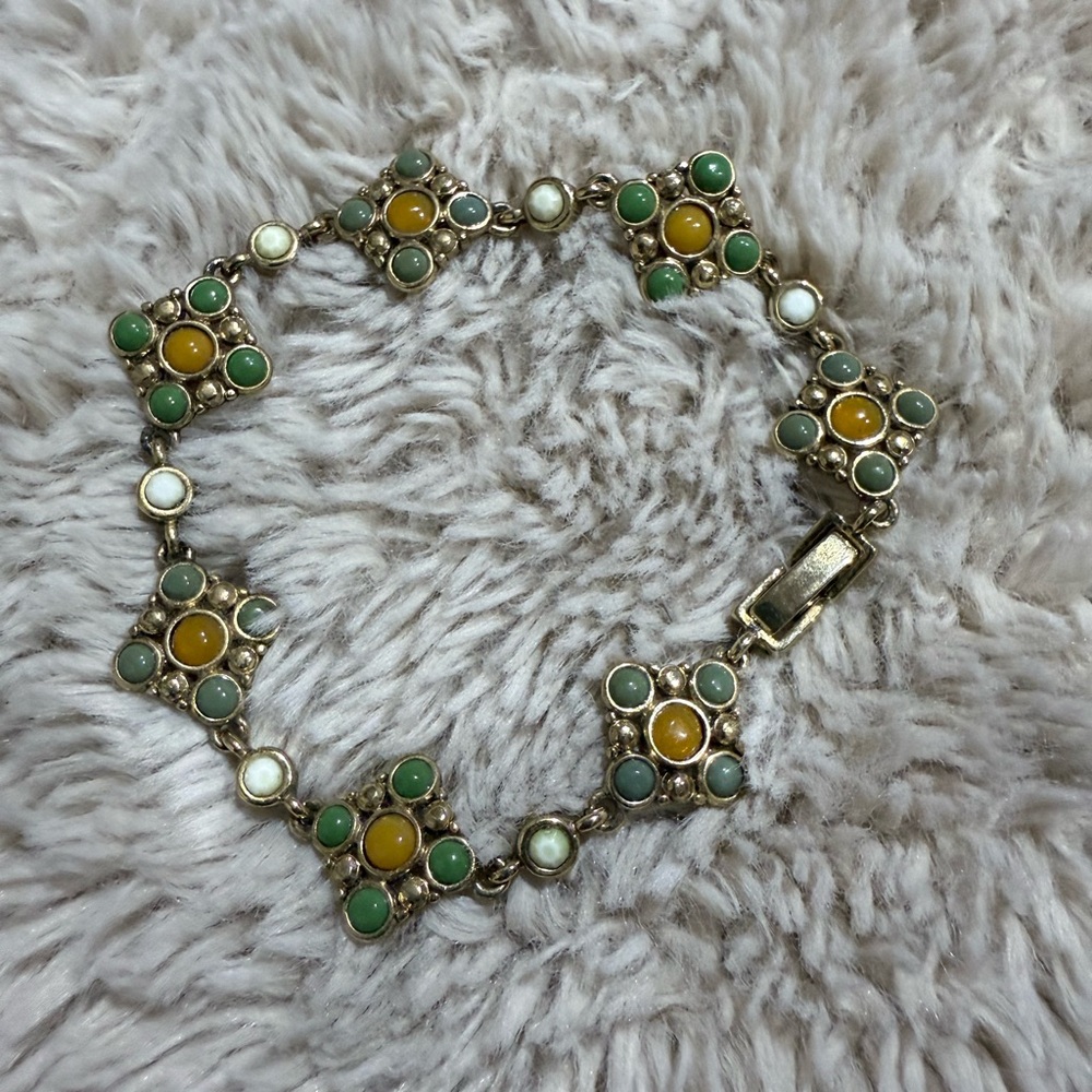 Vtg Monet Dainty Goldโ Tone & Multicolored Cabochons Bracelet 7.5โ Green Orange